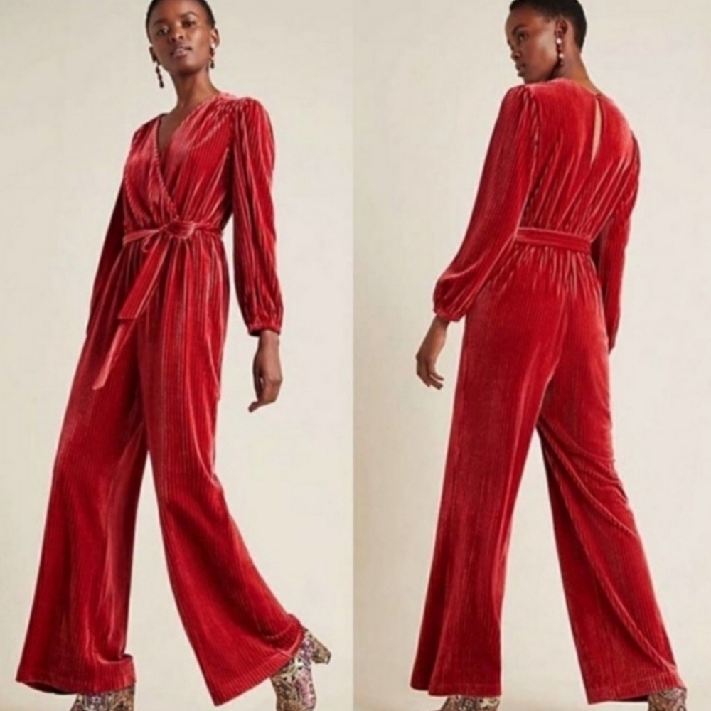 Anthropologie ALI & JAY Vibrant Red Samantha Velvet Jumpsuit size Medium